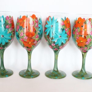 Wine Glasses Hand Painted Turquoise, Orange, Magenta Flowers