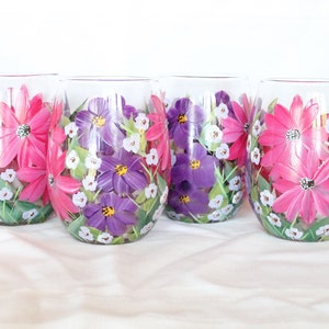 Stemless Wine Glasses Hand Painted Floral Pink and Purple
