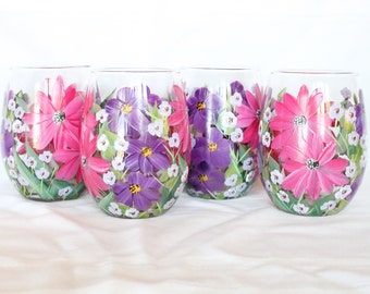 Stemless Wine Glasses Hand Painted Floral Pink and Purple