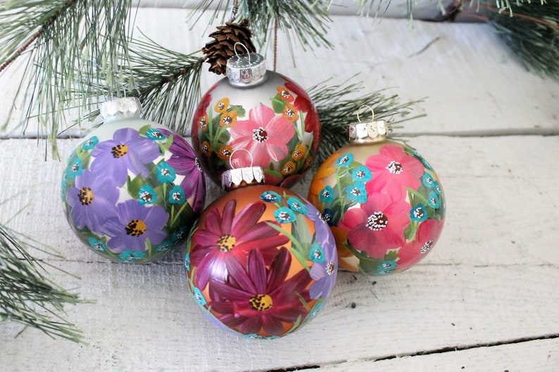 Hand Painted Floral Ornaments Set of Four image 3