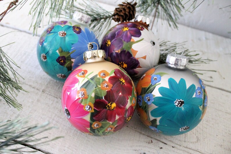 Hand Painted Floral Ornaments Set of Four image 1