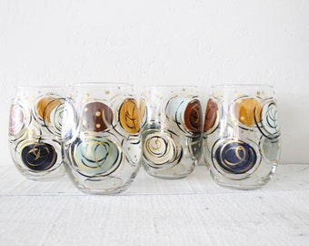 Stemless Wine glasses Hand Painted Sage, Ochre, Navy, Sienna Swirl Design
