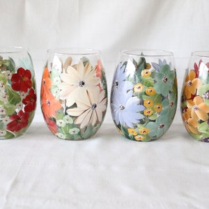 Stemless Wine Glasses Hand Painted Floral Mixed Flowers 1