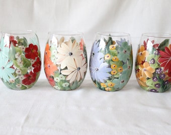 Stemless Wine Glasses Hand Painted Floral Mixed Flowers 1