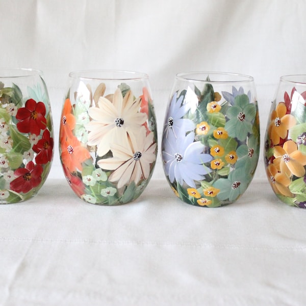 Stemless Wine Glasses Hand Painted Floral Mixed Flowers 1