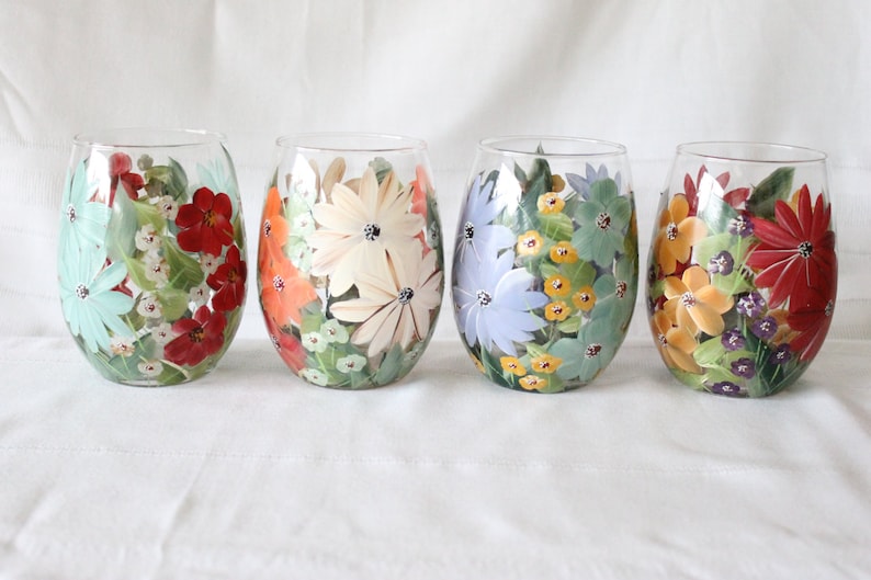 Stemless Wine Glasses Hand Painted Floral Mixed Flowers 1 Etsy