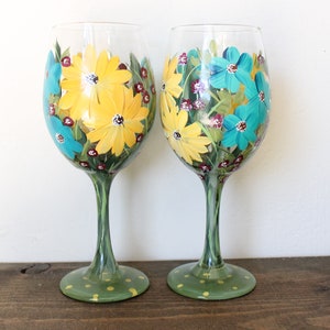 Wine Glasses Pair Floral Yellow/Turquoise/Burgandy