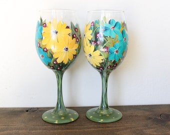 Wine Glasses Pair Floral Yellow/Turquoise/Burgandy