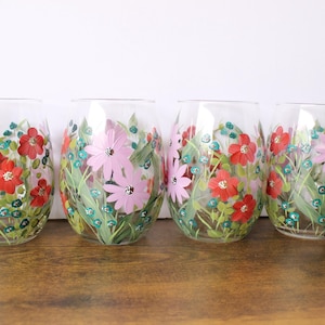 Stemless Wine Glasses Hand Painted Lt. Lavender, Tomato, Teal Mini  Floral Design