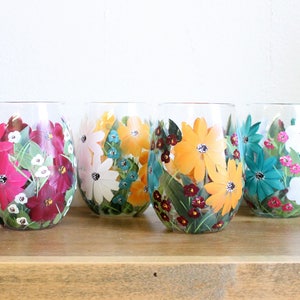 Stemless Wine Glasses Hand Painted Mixed Floral 2