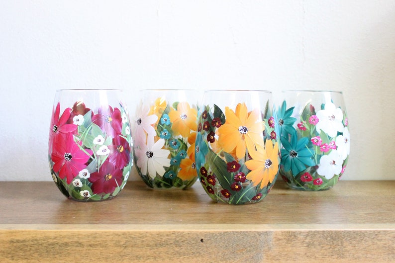Stemless Wine Glasses Hand Painted Mixed Floral 2 image 1