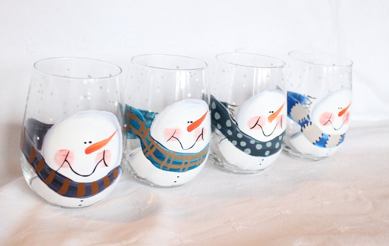 Stemless Hand Painted Wine Glasses Snowman Design Blues Etsy