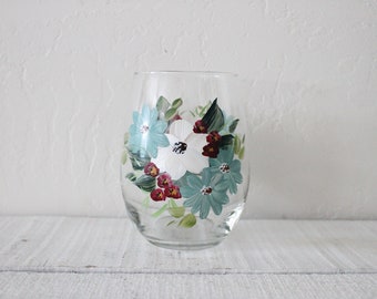 Stemless Wine Glass Hand Painted Bouquet Design Single Glass