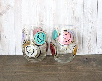 Stemless Wine Glasses Pair Swirl Design Violet, Turquoise, Pink, Ochre, Tomato