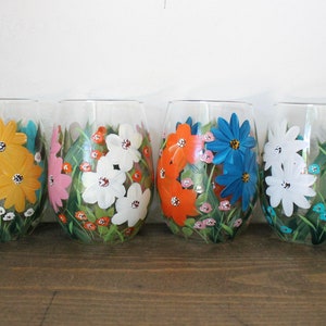 Wine Glasses Painted Stemless Mixed Floral 8