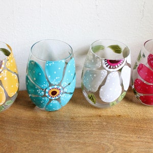 Stemless Wine Glasses Hand Painted Large Flower Design image 2