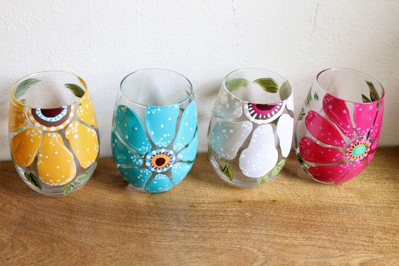 Stemless Wine Glasses Hand Painted Large Flower Design image 2