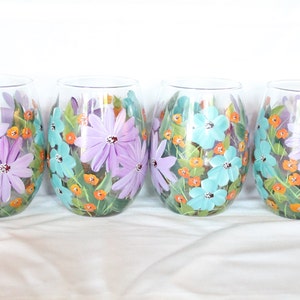 Stemless Wine glasses Hand Painted Floral Purple, Turquoise and Orange