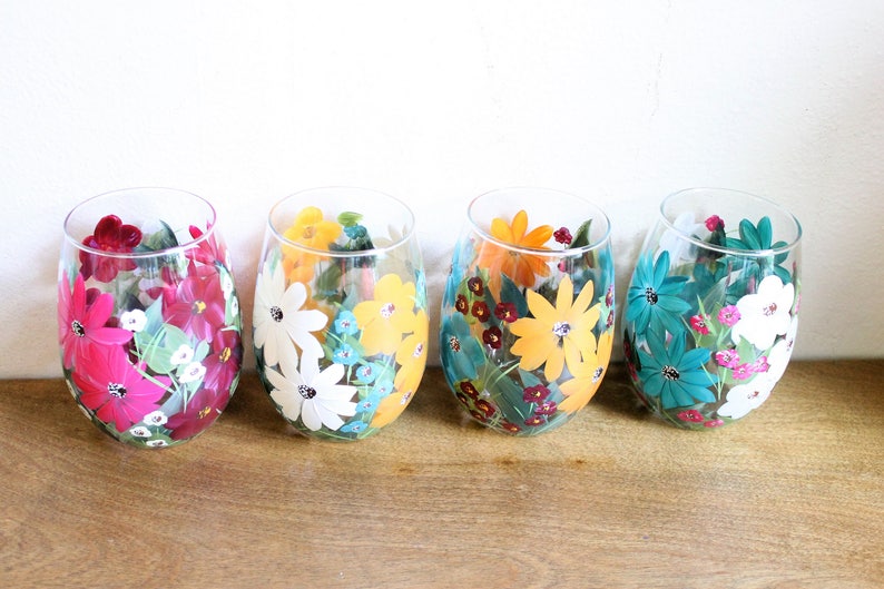 Stemless Wine Glasses Hand Painted Mixed Floral 2 image 3