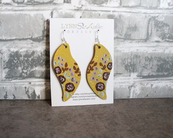 Earrings Large Wood Hand Painted, Yellow Floral
