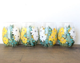 Wine Glasses Stemless Hand Painted Floral white, yellow, turquoise