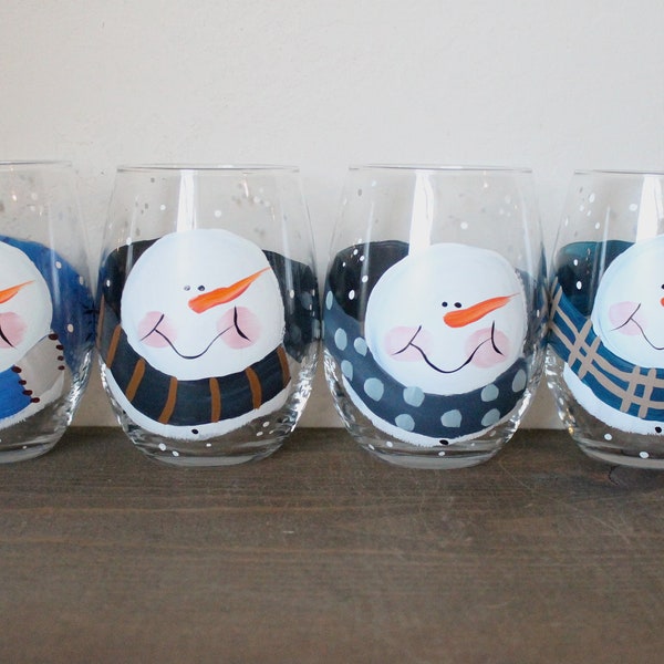 Stemless Hand Painted Wine Glasses Snowman Design Blues