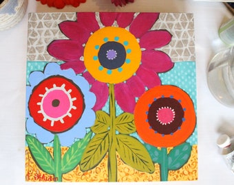 Floral Painting, Acrylic Original Painting, Folk Art Whimsical Flowers