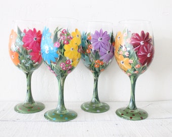 Wine Glasses Painted Mixed Floral 3