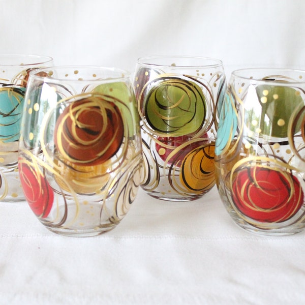 Stemless Wine Glasses Hand Painted Swirl Design Muted Brights