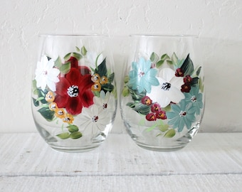 Stemless Wine Glasses Hand Painted Bouquet Design PAIR of Glasses