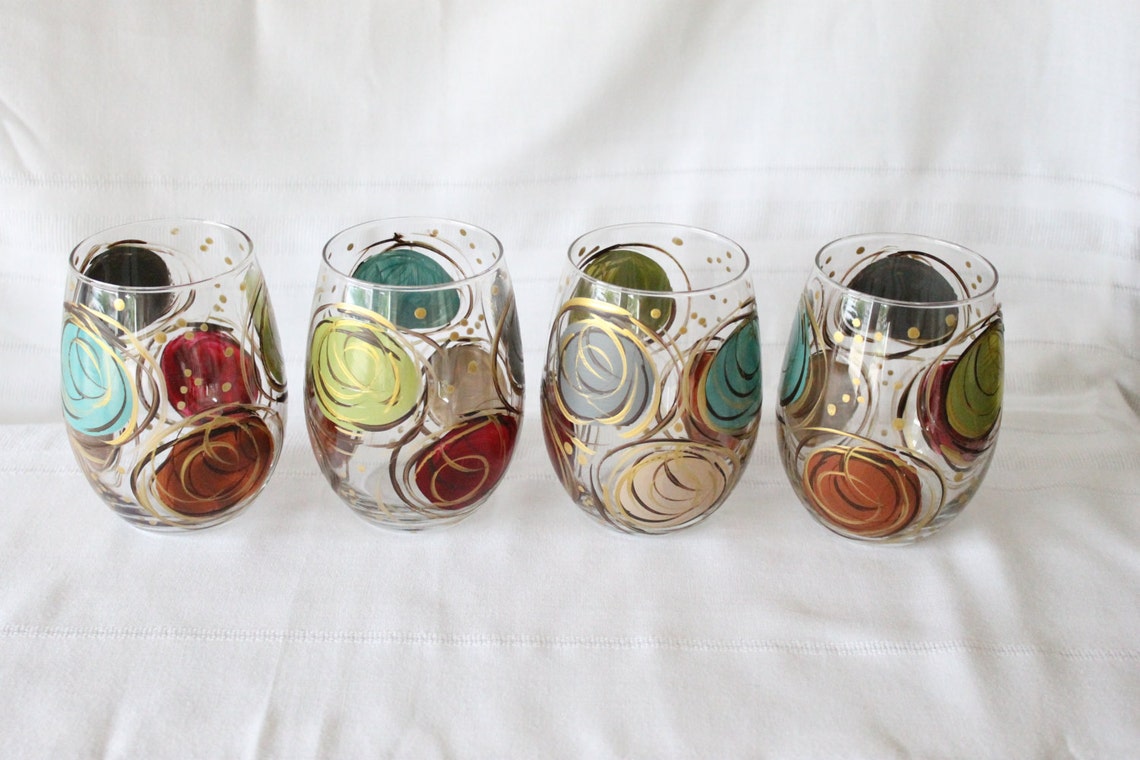 Stemless Wine Glasses Swirl Design Muted Classic Colors Etsy