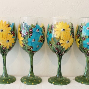 Wine Glasses Painted Yellow, Turquoise, Burgandy Floral