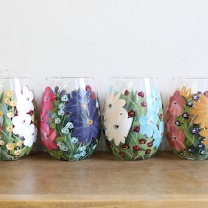 Stemless Wine Glasses Hand Painted Mixed Floral 4
