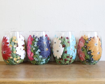 Stemless Wine Glasses Hand Painted Mixed Floral 4