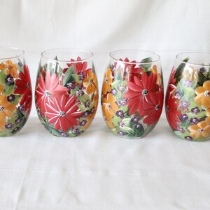 Stemless Wine Glasses Hand Painted Burgandy, Mustard and Plum Floral