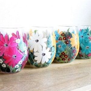 Stemless Wine Glasses Hand Painted Mixed Floral 2 image 4