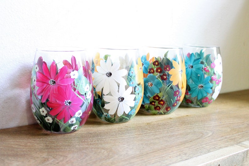 Stemless Wine Glasses Hand Painted Mixed Floral 2 image 4