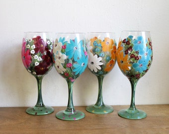 Wine Glasses Hand Painted Mixed Floral 2