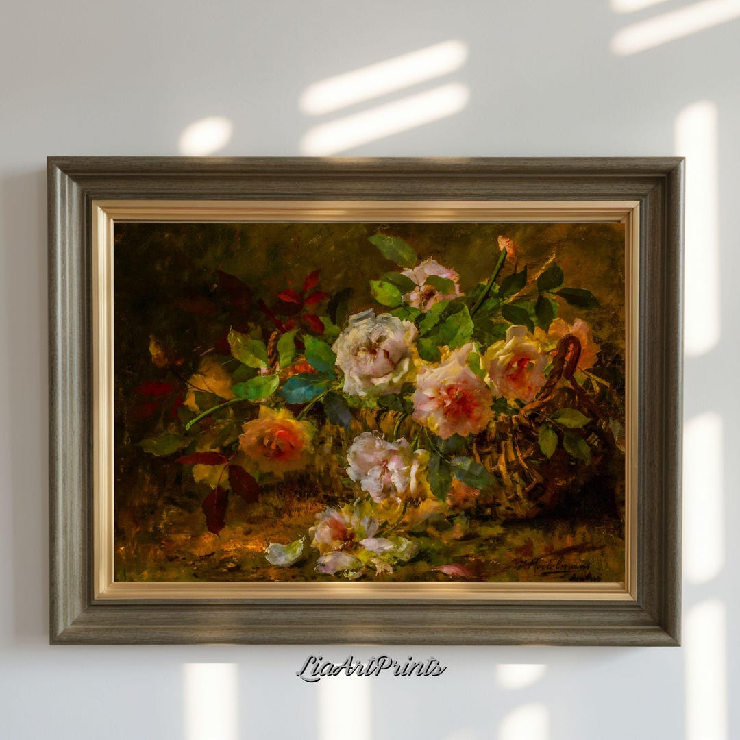 Vintage Floral Still Life Pink Roses Basket Art Print Romantic Digital ...