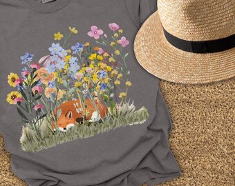 Fox Watercolor Scene Unisex T-shirt, Cute Sleeping Fox Tee, Spring Wildflowers Shirt, Animal Nature Lover Gift, Spring Boho Floral Top