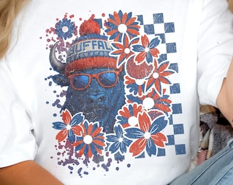 Floral Buffalo Boho Bill T-Shirt, Let's Go Buffalo Checker Tshirt, Buffalo 90s Shirt, Buffalo Crewneck Top, Vintage Buffalo Tee