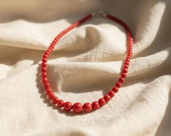 Natural Red Coral Necklace 20 Inch Genuine Beads | Boho Statement Coral Jewelry | Hand-Strung 925 Silver Clasp Summer Gift for Her
