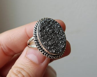Black Druzy Ring Sterling Silver, Oval Black Drusy Agate Ring, Handmade Sparkling Statement Ring, Gift for Her