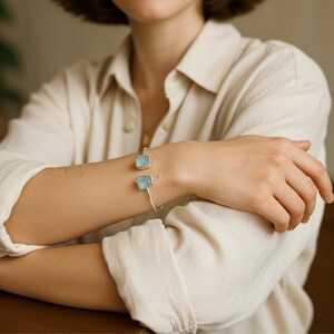 Aquamarine Silver Bangle | Handmade Raw Gemstone Cuff Bracelet | Minimalist Boho Jewellery | Healing Crystal Bangle | Unique Gift for Her
