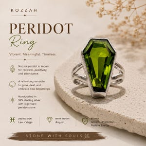 Könnte beinhalten: Ein silberner Ring mit einem sargförmigen, facettierten grünen Peridot-Edelstein. Der Text auf dem Bild lautet: KOZZAH PERIDOT Ring, Vibrant. Meaningful. Timeless. Natural peridot is known for renewal, positivity, and abundance. Handcrafted in 925 sterling silver.