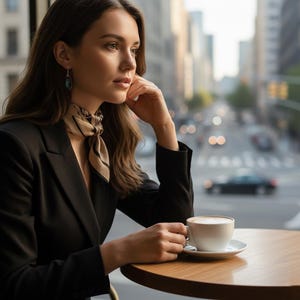 May include: A black blazer worn with a beige and black striped neck scarf and a single drop earring featuring a dark oval stone. A white ceramic coffee cup sits on a small wooden table, with a blurred urban street scene visible in the background.