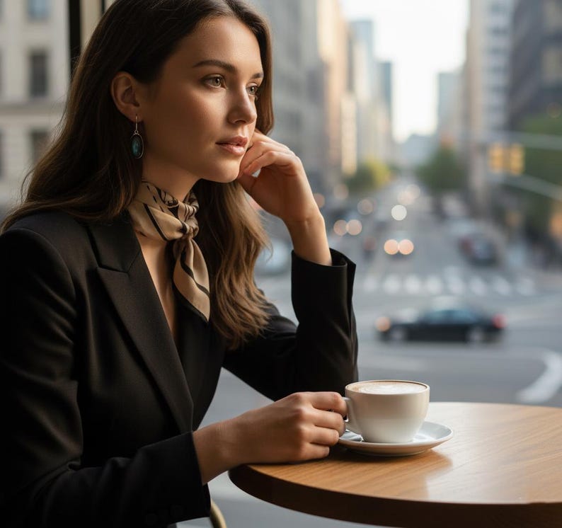 May include: A black blazer worn with a beige and black striped neck scarf and a single drop earring featuring a dark oval stone. A white ceramic coffee cup sits on a small wooden table, with a blurred urban street scene visible in the background.