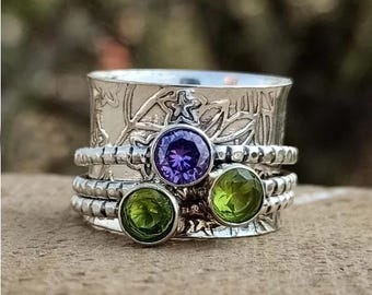 Amethyst & Peridot Spinner Ring, 3 Stone Handmade Sterling Silver Ring, Anxiety Fidget Ring, Boho Meditation Ring, Gemstone Band