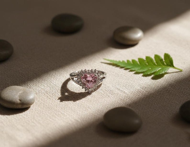 Pink Heart Zircon Ring, Adjustable Sterling Silver Plated Promise Ring image 9