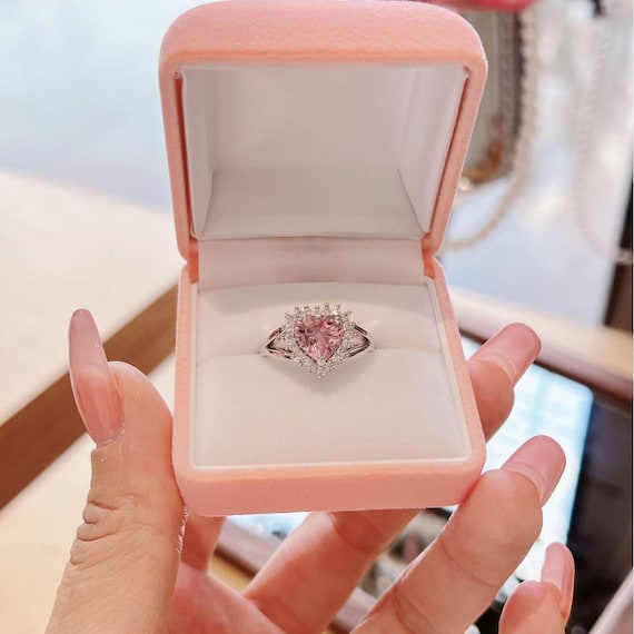 Pink Heart Zircon Ring, Adjustable Sterling Silver Plated Promise Ring